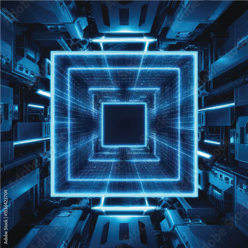 A futuristic digital tunnel made of glowing blue screens arranged in a spiral, cyberpunk style, neon reflections, sci-fi concept art.

