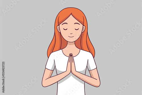 Young Woman Practicing Meditation with Tranquil Expression and Prayer Hands