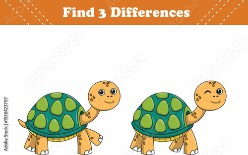 Education game for children find three differences between two turtle cartoon. Vector illustration