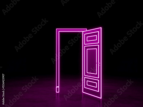 Open door in the dark space. Pink violet neon door. 3D rendering