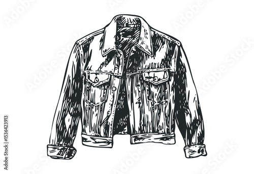 Detailed sketch of a classic denim jacket. Vector retro hand drawn illustration