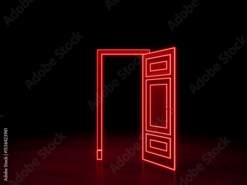 Open door in the dark space. Red neon door. 3D rendering