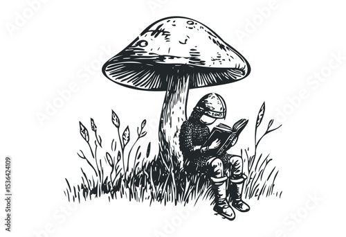 Knight reading a book under a mushroom in black and white illustration. Vector retro hand drawn illustration