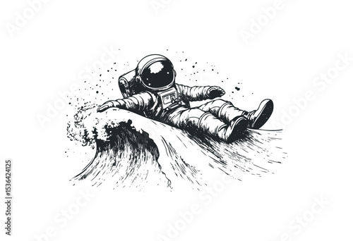 Astronaut in spacesuit surfing a cosmic wave with adventure and fun. Vector retro hand drawn illustration