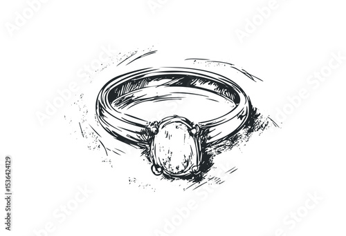 Elegant sketch of a diamond ring with oval stone and intricate detailing. Vector retro hand drawn illustration