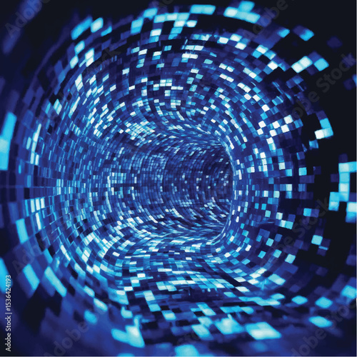 A futuristic digital tunnel made of glowing blue screens arranged in a spiral, cyberpunk style, neon reflections, sci-fi concept art.

