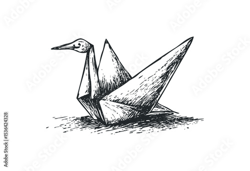 Hand-drawn origami swan sketch with intricate details. Vector retro hand drawn illustration