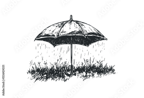 Hand-drawn umbrella sheltering rain over grass. Vector retro hand drawn illustration