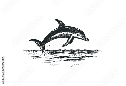 Detailed vintage illustration of a dolphin leaping out of water. Vector retro hand drawn illustration