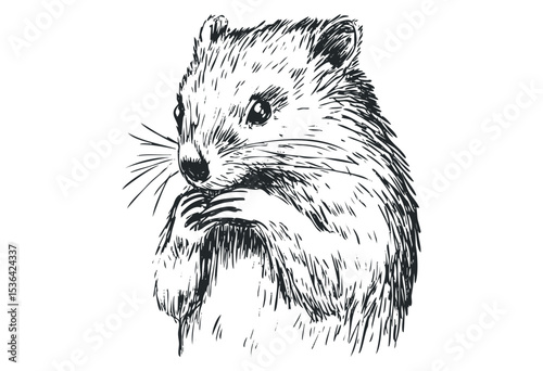 Detailed sketch of a curious quokka facing forward with paws raised. Vector retro hand drawn illustration