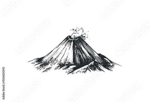 Erupting volcano illustration with smoke and ash detailing. Vector retro hand drawn illustration