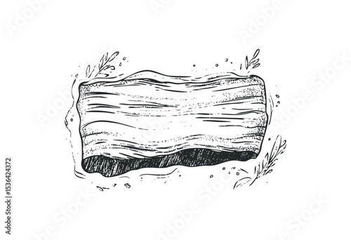Engraved wooden sign with natural texture and leaf details. Vector retro hand drawn illustration