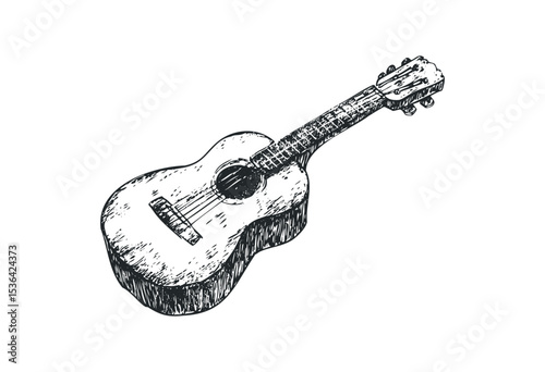 Vintage acoustic guitar sketch with intricate wood grain and strings. Vector retro hand drawn illustration
