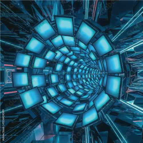 A futuristic digital tunnel made of glowing blue screens arranged in a spiral, cyberpunk style, neon reflections, sci-fi concept art.

