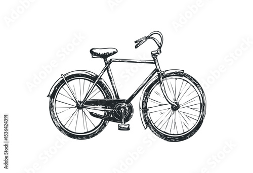 Vintage bicycle drawing with detailed handlebars and wheels. Vector retro hand drawn illustration