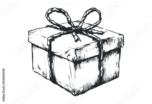 Hand-drawn gift box with rustic twine ribbon in sketch style. Vector retro hand drawn illustration