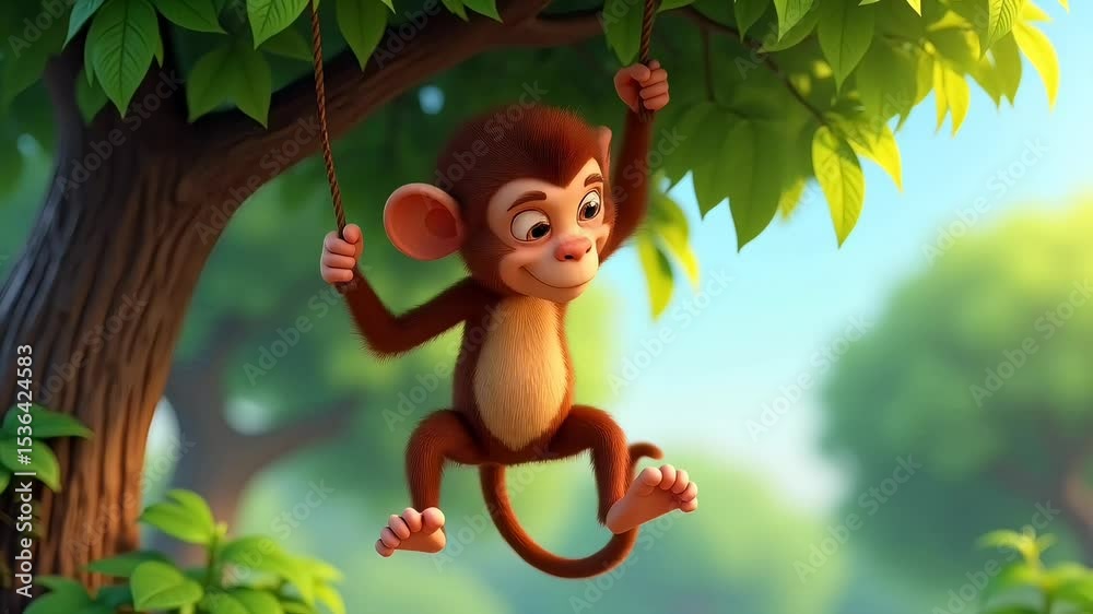 Cute cartoon monkey swinging on tree branch in vibrant green jungle forest