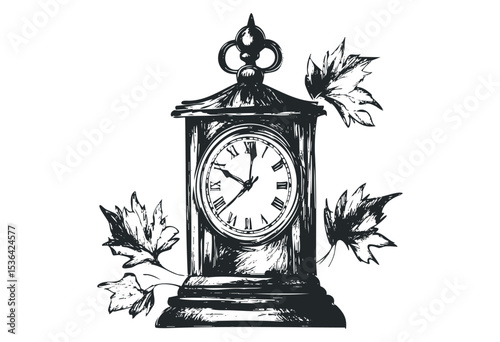 Vintage grandfather clock with roman numerals and decorative leaves. Vector retro hand drawn illustration