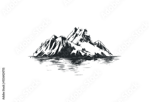 Detailed mountain drawing with calm water reflection. Vector retro hand drawn illustration