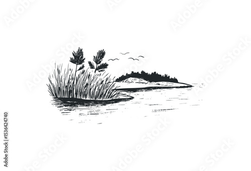 Serene river landscape with reed and island in ink sketch style. Vector retro hand drawn illustration