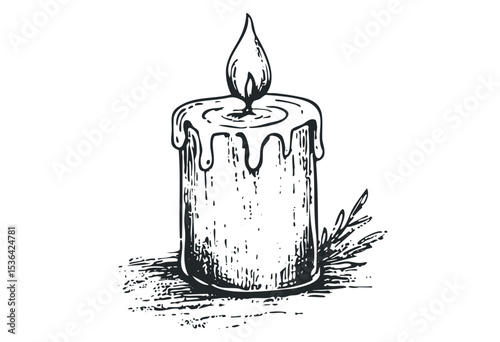 Vintage hand-drawn candle illustration with melting wax drips. Vector retro hand drawn illustration