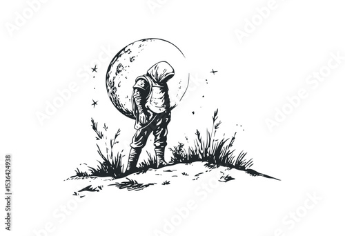 Solitary astronaut against the moon in artistic sketch. Vector retro hand drawn illustration