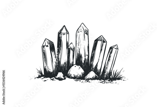 Sketch of quartz crystal cluster with detailed mineral illustrations. Vector retro hand drawn illustration