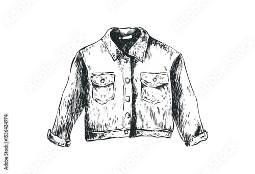 Hand-drawn denim jacket illustration with rolled sleeves. Vector retro hand drawn illustration