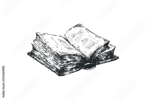 Vintage hand-drawn open book sketch with detailed pages. Vector retro hand drawn illustration
