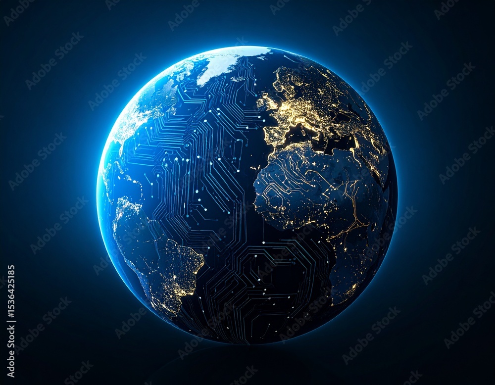 Fototapeta premium Digital Earth surrounded by AI data streams, neural network and binary code