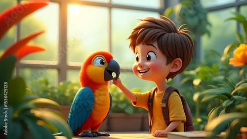 Happy boy playing with colorful parrot in sunlit greenhouse cartoon style