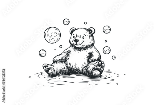 Playful bear sitting among bubbles in a sketch art style. Vector retro hand drawn illustration