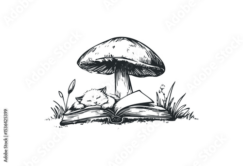 Cat napping on book under mushroom in peaceful forest setting. Vector retro hand drawn illustration