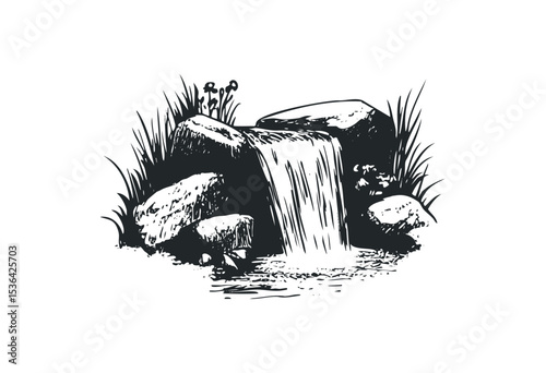 Tranquil waterfall flowing over rocks with surrounding vegetation. Vector retro hand drawn illustration