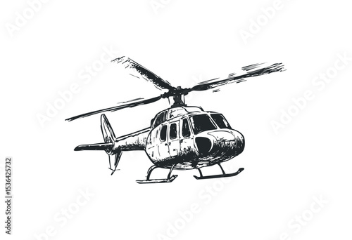 Detailed sketch of single rotor helicopter in flight perspective. Vector retro hand drawn illustration