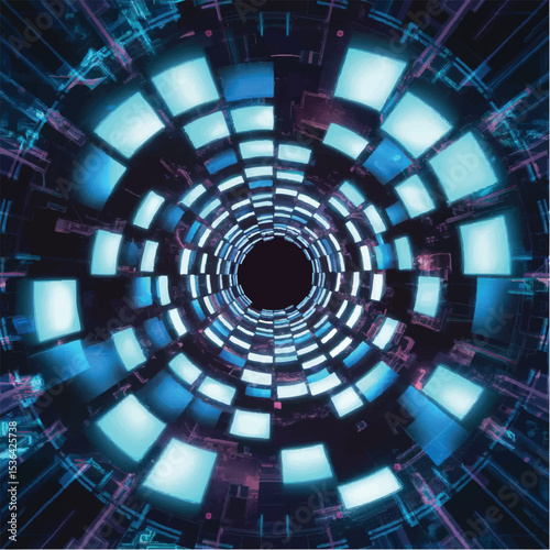 A futuristic digital tunnel made of glowing blue screens arranged in a spiral, cyberpunk style, neon reflections, sci-fi concept art.

