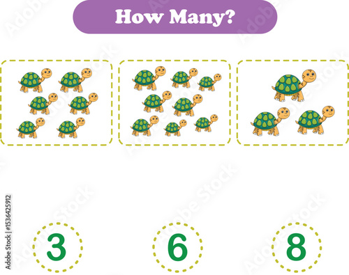 Counting game of wild animals for preschool kids. Counting turtle. Printable. Vector Illustration