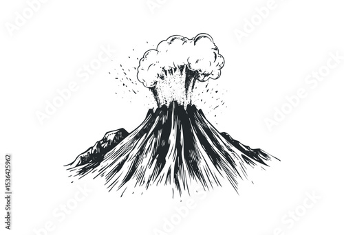Erupting volcano illustration with smoke and lava flow. Vector retro hand drawn illustration