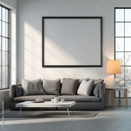 Large blank black picture frame on wall in elegant living room with minimalistic sofa and grey cushions, ideal for interior design advertising and web banner backgrounds. 