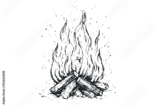 Hand-drawn illustration of a wooden campfire with burning flames. Vector retro hand drawn illustration