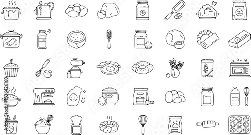 Rolling dough wooden pin icons set. Dough rolling, flour, rolling pin, baking tools and ingredients, preparing dough for baking cookies, pie, pizza
