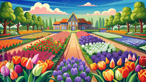 Stunning view of Keukenhof Gardens in the Netherlands, famous for its vibrant and colorful floral landscapes. Endless rows of blooming tulips