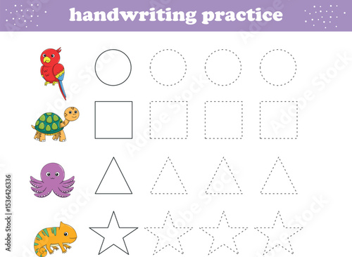 Handwriting Practice. Tracing lines of different shape for kids with animals. Vector Illustration