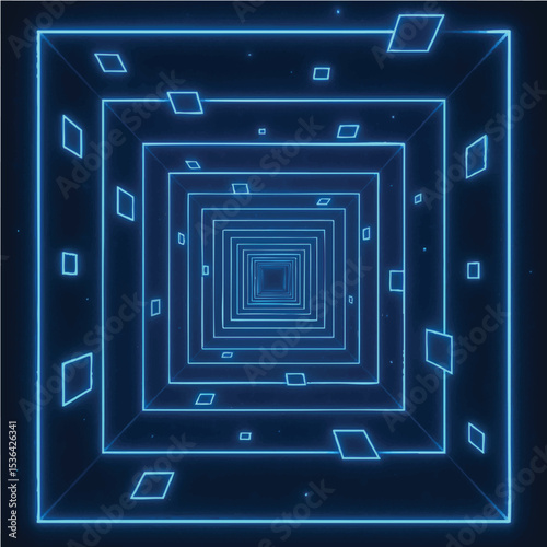 A futuristic digital tunnel made of glowing blue screens arranged in a spiral, cyberpunk style, neon reflections, sci-fi concept art.

