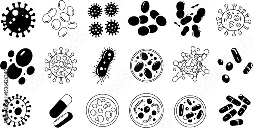 Lactobacilli icons set. Maintaining good digestive health with probiotics, enhancing immunity, and preventing infections with healthy food and medicine