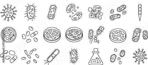 Lactobacilli icons set. Maintaining good digestive health with probiotics, enhancing immunity, and preventing infections with healthy food and medicine