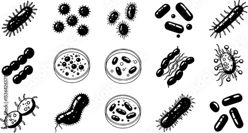 Lactobacilli icons set. Maintaining good digestive health with probiotics, enhancing immunity, and preventing infections with healthy food and medicine