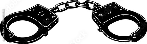 Two steel handcuffs closed on a white background representing law enforcement
