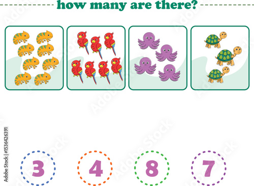 Counting game of wild animals for preschool kids. Printable. Vector Illustration