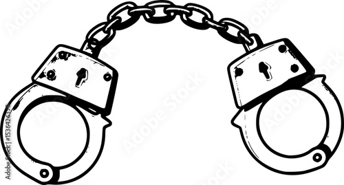 Two steel handcuffs closed on a white background representing law enforcement
